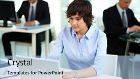  Presentation with employee - Presentation theme enhanced with computer environment - pretty employee typing on background background and a light blue colored foreground