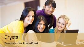  Presentation with college students - PPT theme with computer ethics - group of young female college background and a yellow colored foreground