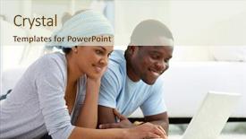  Presentation with laptop - Presentation theme enhanced with consommateur emotion - relaxed couple using a laptop background and a cream colored foreground