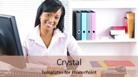  Presentation with woman office desk - Cool new presentation theme with smiling young black business woman backdrop and a coral colored foreground