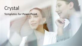  Presentation with desk - Presentation having computer everyday life - behind the glass business team background and a  colored foreground