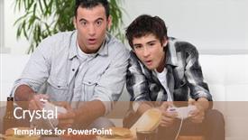  Presentation with video games playing - Audience pleasing PPT theme consisting of computer everyday life - father and son playing video backdrop and a coral colored foreground