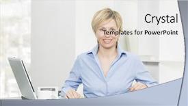  Presentation with work - Slide deck enhanced with computer everyday life - forty years woman at work background and a  colored foreground