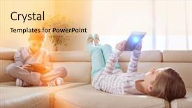  Presentation with nouvelle technologies de communication en santé - Colorful theme enhanced with computer everyday life - siblings using technologies on sofa backdrop and a  colored foreground