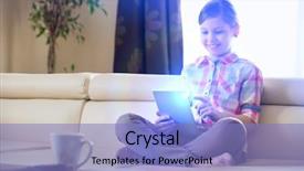  Presentation with using digital tablet - Beautiful slides featuring computer everyday life - smiling girl using digital tablet backdrop and a  colored foreground