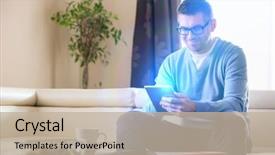  Presentation with man relaxing on massage table - Audience pleasing theme consisting of computer everyday life - smiling man using tablet pc backdrop and a  colored foreground