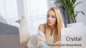  Presentation with young man holdng laptop on lap money - PPT theme enhanced with computer everyday life - young woman using laptop background and a  colored foreground