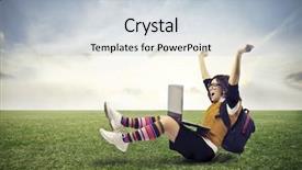  Presentation with exam - Amazing PPT theme having computer exam - guy on a large lawn backdrop and a lemonade colored foreground