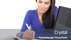  Presentation with pretty female military - PPT theme consisting of computer exam - hand with pen in focus background and a  colored foreground