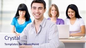  Presentation with course - Slides featuring computer exam - portrait of smiling student background and a  colored foreground