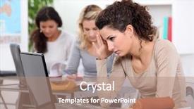  Presentation with female college student uti - Slide set with computer exam - three female students with laptops background and a  colored foreground