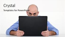  Presentation with laptop - Theme having computer eye - man hiding behind laptop background and a  colored foreground