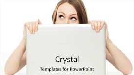  Presentation with laptop - Presentation design featuring computer eye - woman looking out from behind background and a  colored foreground