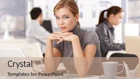  Presentation with office - Theme enhanced with computer eye - young female office worker sitting background and a coral colored foreground