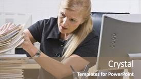  Presentation with paperwork - Cool new presentation with computer files - businesswoman is seated backdrop and a coral colored foreground