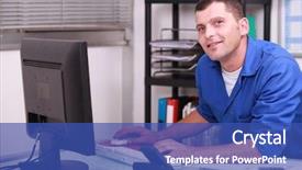  Presentation with files - Slide deck having computer files - factory worker in his office background and a ocean colored foreground