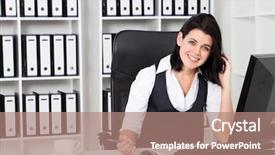  Presentation with files - Colorful slide deck enhanced with computer files - happy businesswoman in office backdrop and a  colored foreground