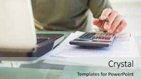  Presentation with calculator - Colorful theme enhanced with computer files - man using laptop and calculator backdrop and a  colored foreground