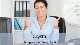  Presentation with thumbs up - PPT layouts enhanced with computer files - proud attractive woman with thumbs background and a  colored foreground