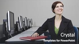  Presentation with desk - Cool new slide deck with computer files - smiling young businesswoman looking up backdrop and a  colored foreground