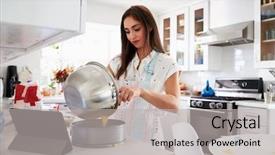  Presentation with baking cake - Cool new PPT theme with forms communication - millennial hispanic woman making backdrop and a light gray colored foreground