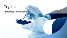  Presentation with communicator - Cool new presentation with computer frame - girl hand work on communicator backdrop and a  colored foreground