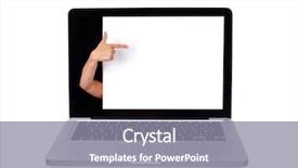 Presentation with poster on white wall above - Theme featuring computer frame - woman hand pointing to white background and a gray colored foreground