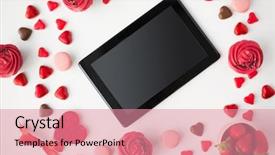  Presentation with valentines - Amazing PPT theme having computer frosted cupcakes red heart backdrop and a  colored foreground