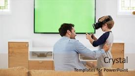  Presentation with virtual reality - Beautiful presentation theme featuring computer game using virtual reality backdrop and a coral colored foreground