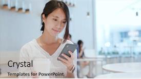  Presentation with coffee shop - PPT theme featuring computer gaming internet cafe - woman use of smart phone background and a light gray colored foreground