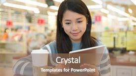  Presentation with college coffee shop - Cool new PPT layouts with computer gaming internet cafe - woman use of tablet backdrop and a coral colored foreground