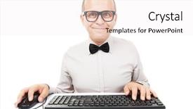  Presentation with geek - Audience pleasing PPT theme consisting of computer geek with keyboard backdrop and a sky blue colored foreground