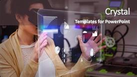  Presentation with virtual technology - Slides with computer generated imaginery - abstract technology interface against female background and a dark gray colored foreground