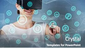  Presentation with virtual reality therapy - Theme featuring computer generated imaginery - beautiful woman imagining with virtual background and a ocean colored foreground