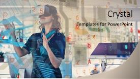  Presentation with virtual reality - Audience pleasing presentation consisting of computer generated imaginery - interface against female entrepreneur using backdrop and a mint green colored foreground