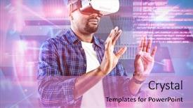  Presentation with virtual reality - Audience pleasing presentation theme consisting of computer generated imaginery - man gesturing while using virtual backdrop and a coral colored foreground