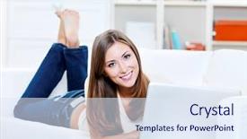  Presentation with cheerful - PPT layouts consisting of computer girl - beautiful cheerful woman with happy background and a sky blue colored foreground