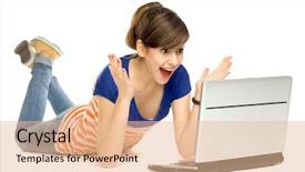  Presentation with young man holdng laptop on lap money - Slides featuring computer girl - surprised young woman using laptop background and a lemonade colored foreground