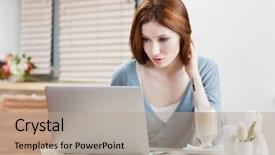  Presentation with internet cafe - Cool new slides with computer girl - woman is working backdrop and a coral colored foreground