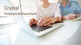  Presentation with desk - Presentation design featuring computer girl - young female typing on laptop background and a  colored foreground