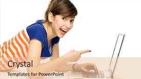  Presentation with laptop - Cool new presentation with computer girl - young woman lying down backdrop and a lemonade colored foreground