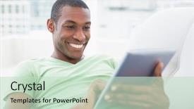 Presentation with using digital tablet - Presentation design enhanced with computer greem - casual smiling young afro man background and a  colored foreground