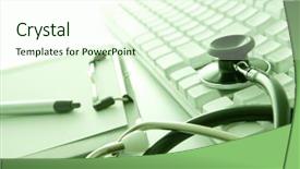  Presentation with stethoscope medication - Slide set having young man wearing pith helmet holding binoculars and staring at something amazing palm trees on foreground out of focus isolated on white background and a gray colored foreground