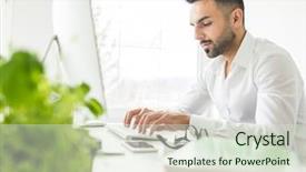  Presentation with confident - Theme featuring computer greem - young confident man working background and a soft green colored foreground