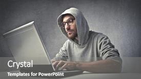  Presentation with computer hacker - PPT theme featuring computer hacker - young man using a laptop background and a gray colored foreground