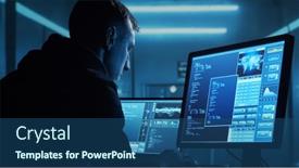  Presentation with dark web - PPT theme with computer-hacker-in-hoodie-obscured background and a ocean colored foreground