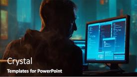  Presentation with computer attack - PPT layouts with computer-hacker-in-hoodie-obscured background and a black colored foreground
