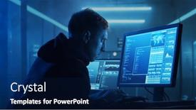  Presentation with dark web - PPT theme with computer-hacker-in-hoodie-obscured background and a navy blue colored foreground