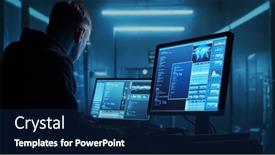  Presentation with computer hacker - Slide set featuring computer-hacker-in-hoodie-obscured background and a navy blue colored foreground