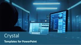  Presentation with computer attack - Slide set featuring computer-hacker-in-hoodie-obscured background and a ocean colored foreground